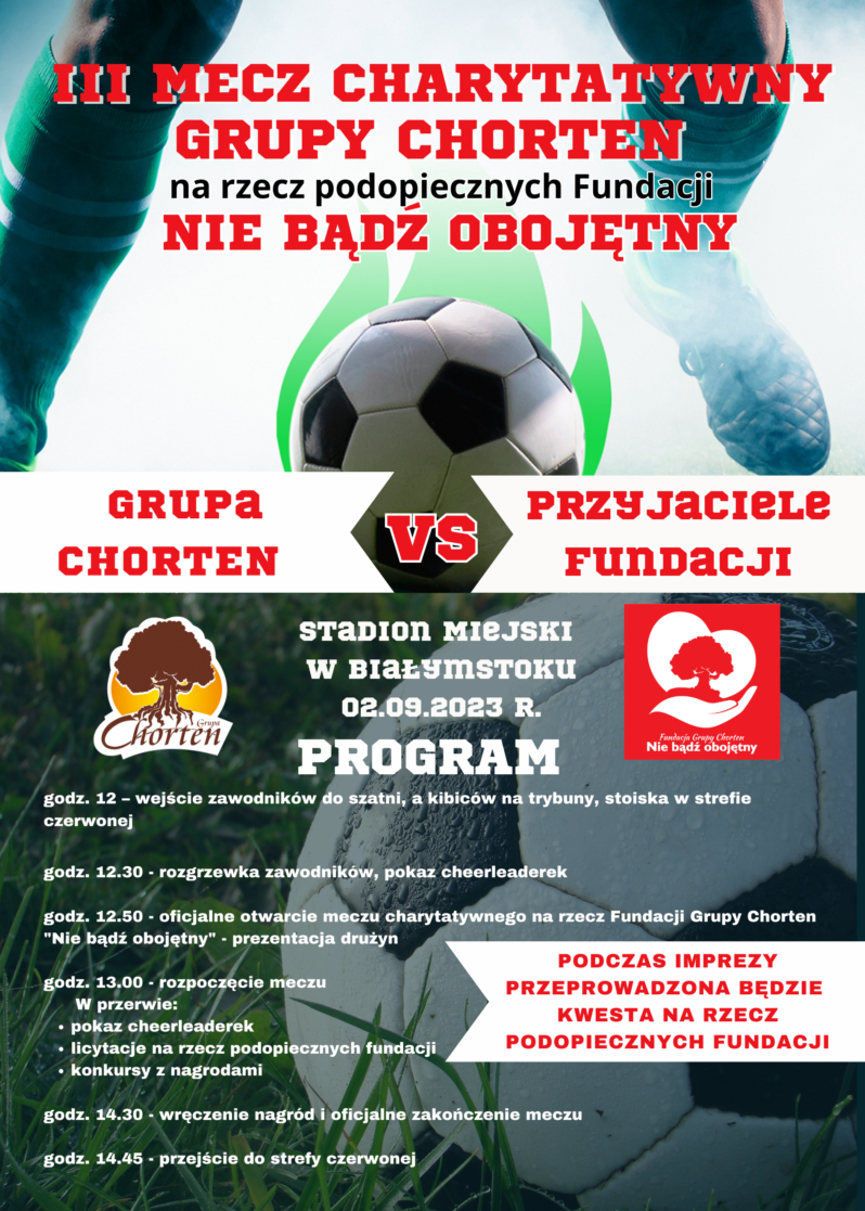Zaproszenie Mecz Charytatywny Grupy Chorten 02 09 2023 program